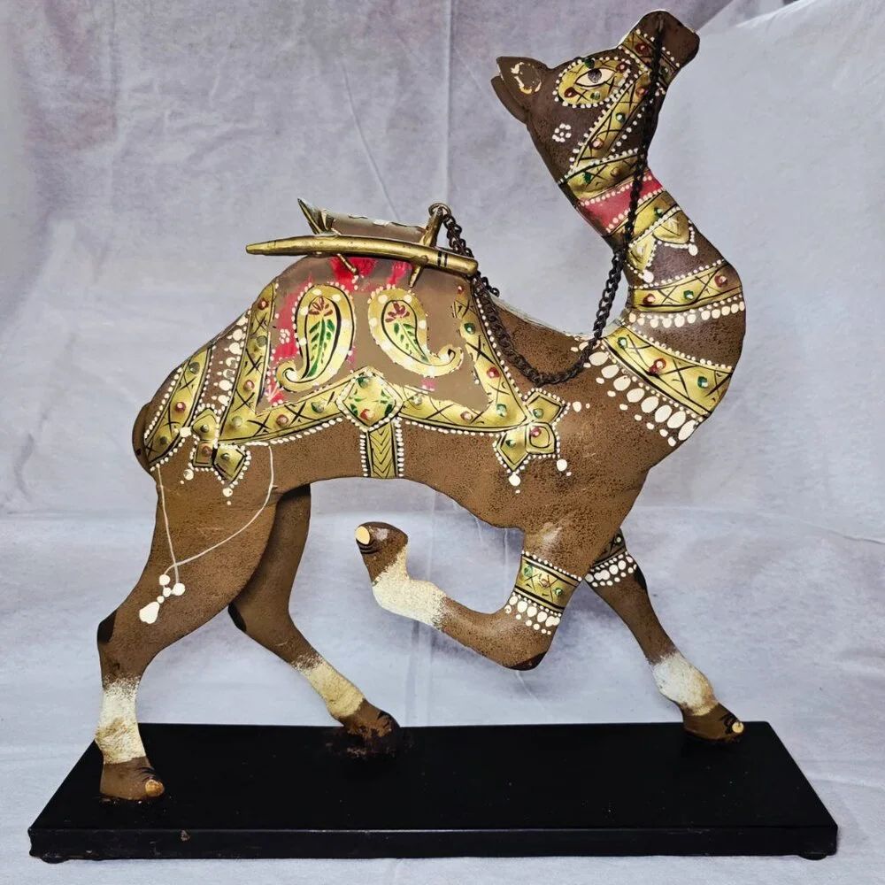 COMING SOON Hand Painted Metal Camel Sculpture Boho Global Bazaar Decor 16” L1/2
